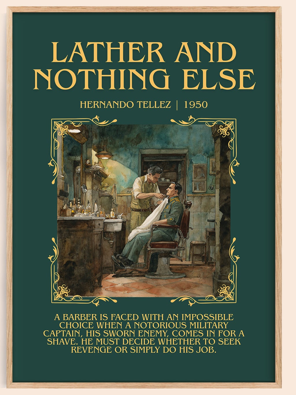 Lather And Nothing Else minimalist book poster by Hernando Tellez – framed literary art print