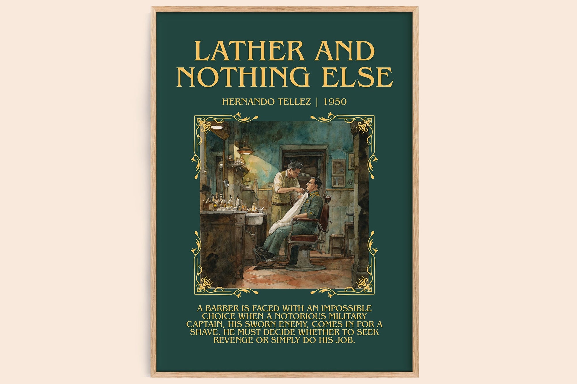 Lather And Nothing Else minimalist book poster by Hernando Tellez – framed literary art print