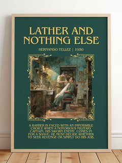Lather And Nothing Else Minimalist Book Poster by Hernando Tellez – framed print leaning on a wooden floor