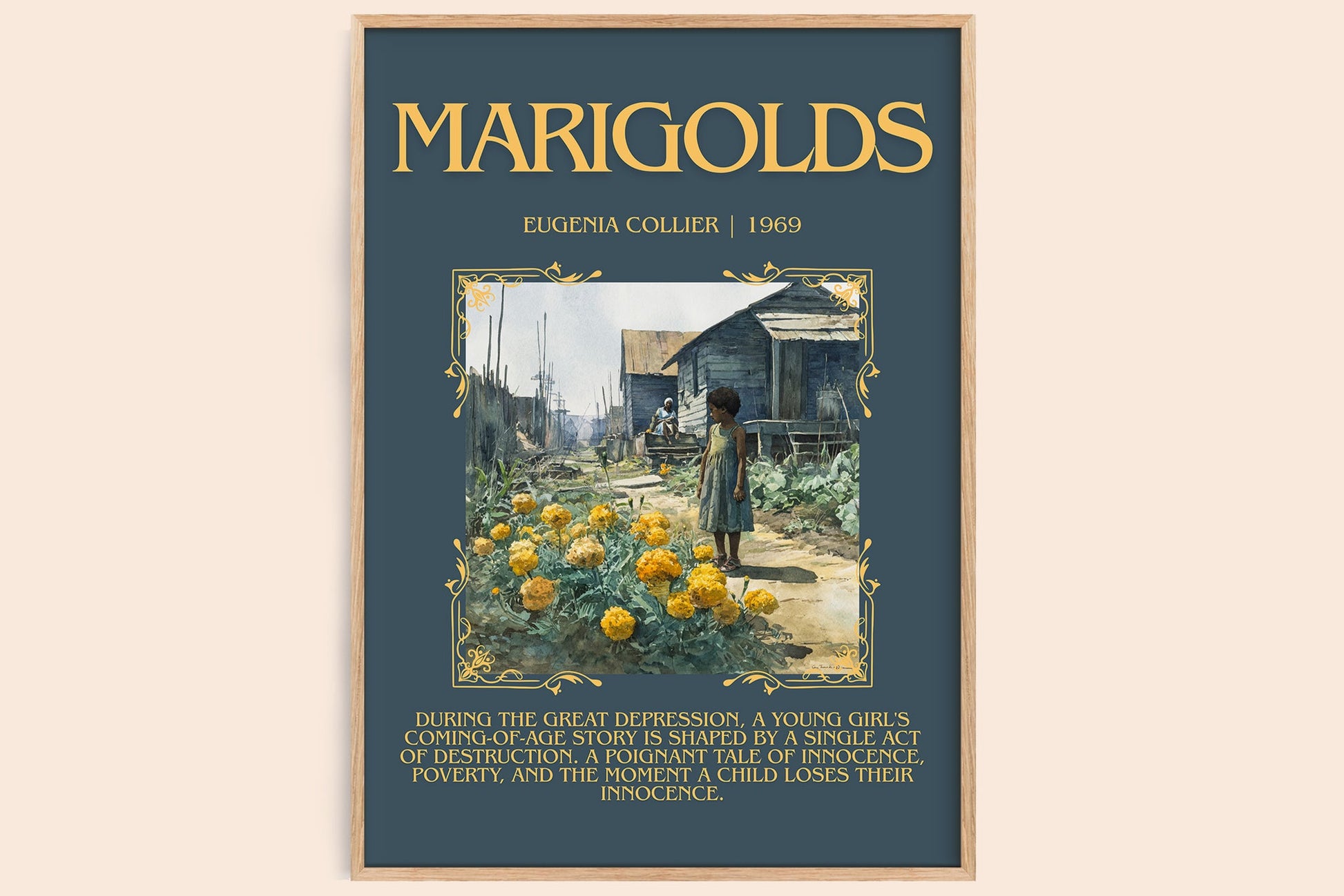 Marigolds minimalist book poster by Eugenia Collier – framed literary art print