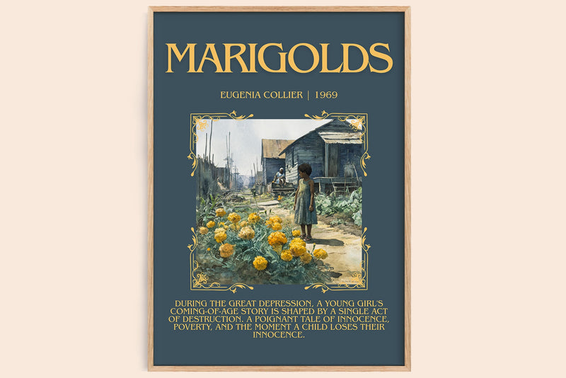 Marigolds minimalist book poster by Eugenia Collier – framed literary art print