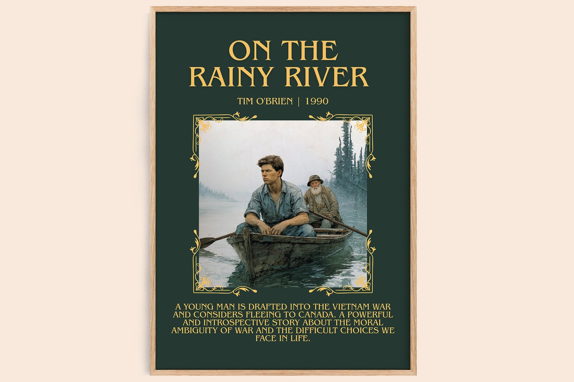 On The Rainy River minimalist book poster by Tim O'Brien – framed literary art print