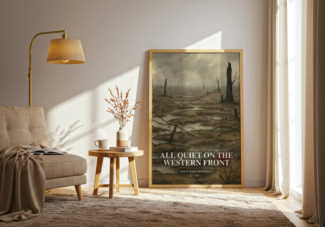 All Quiet On The Western Front watercolour print in frame leaning in hallway – historical fiction wall art (mockup)