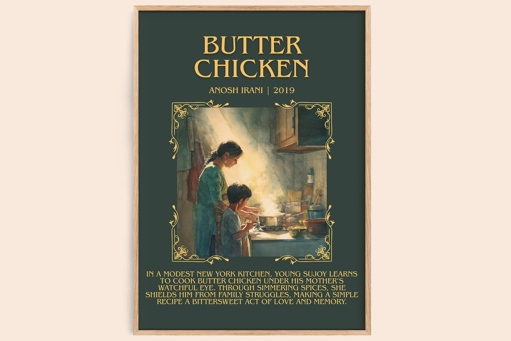 Butter Chicken minimalist book poster by Anosh Irani – framed literary art print