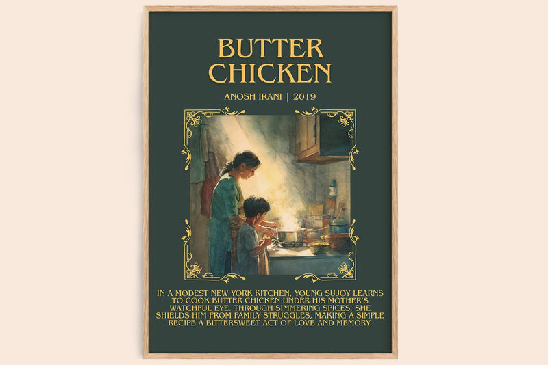 Butter Chicken minimalist book poster by Anosh Irani – framed literary art print