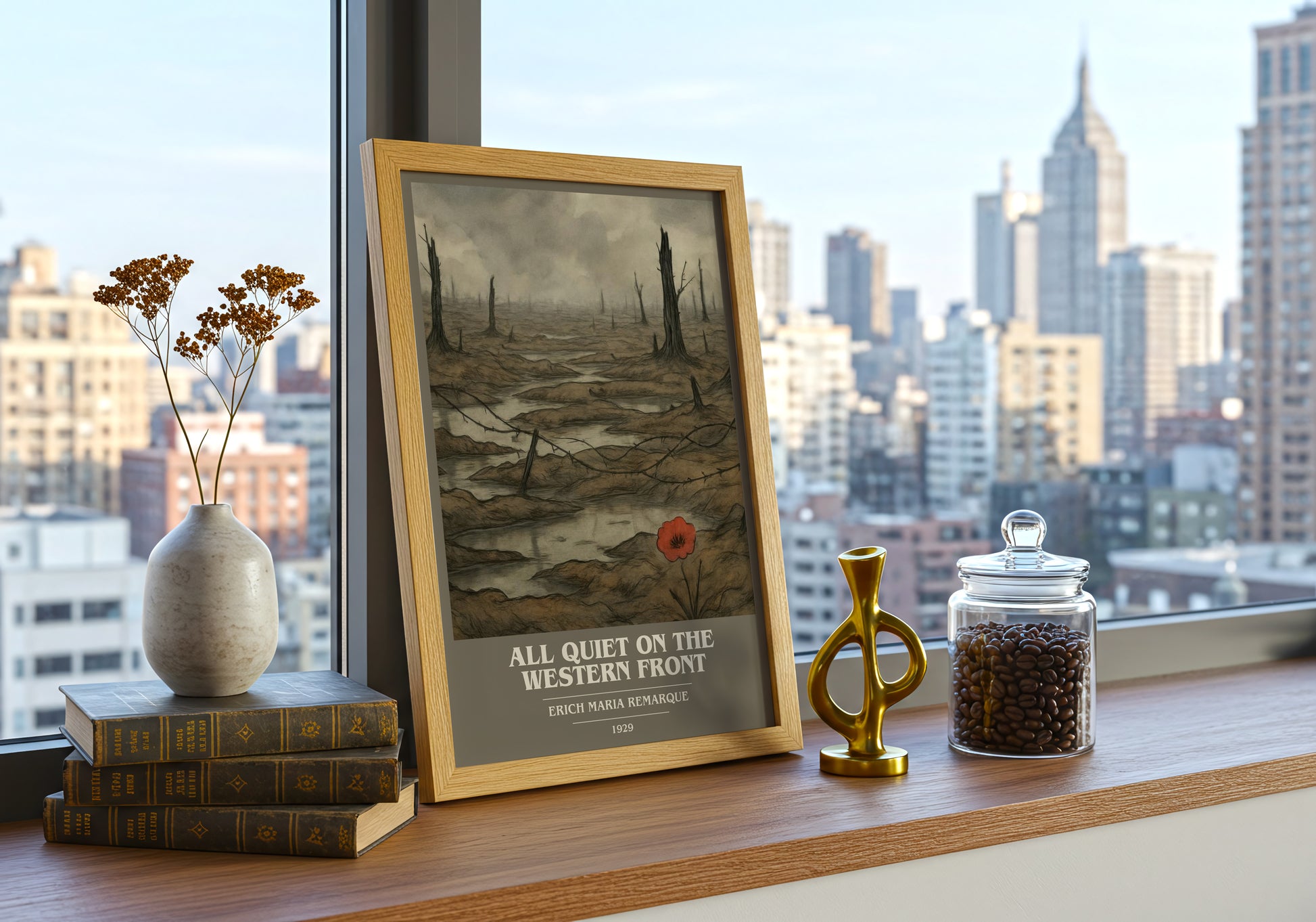 All Quiet On The Western Front book cover print framed by window – literary home decor