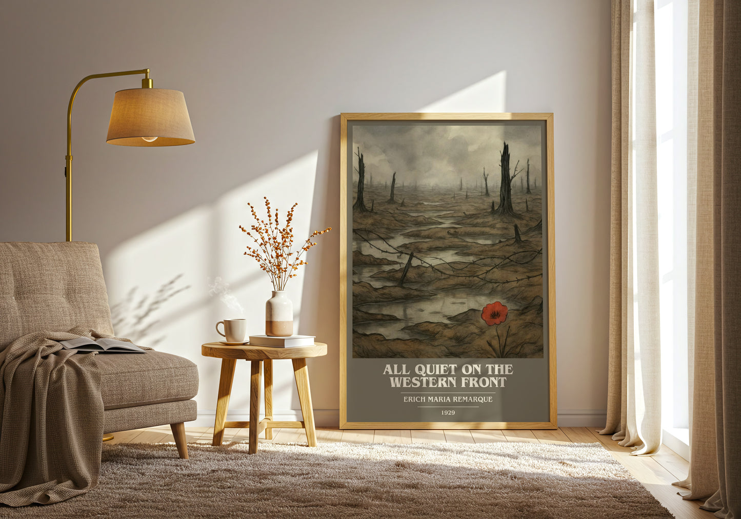 All Quiet On The Western Front book cover print on bookshelf – Erich Maria Remarque fan gift