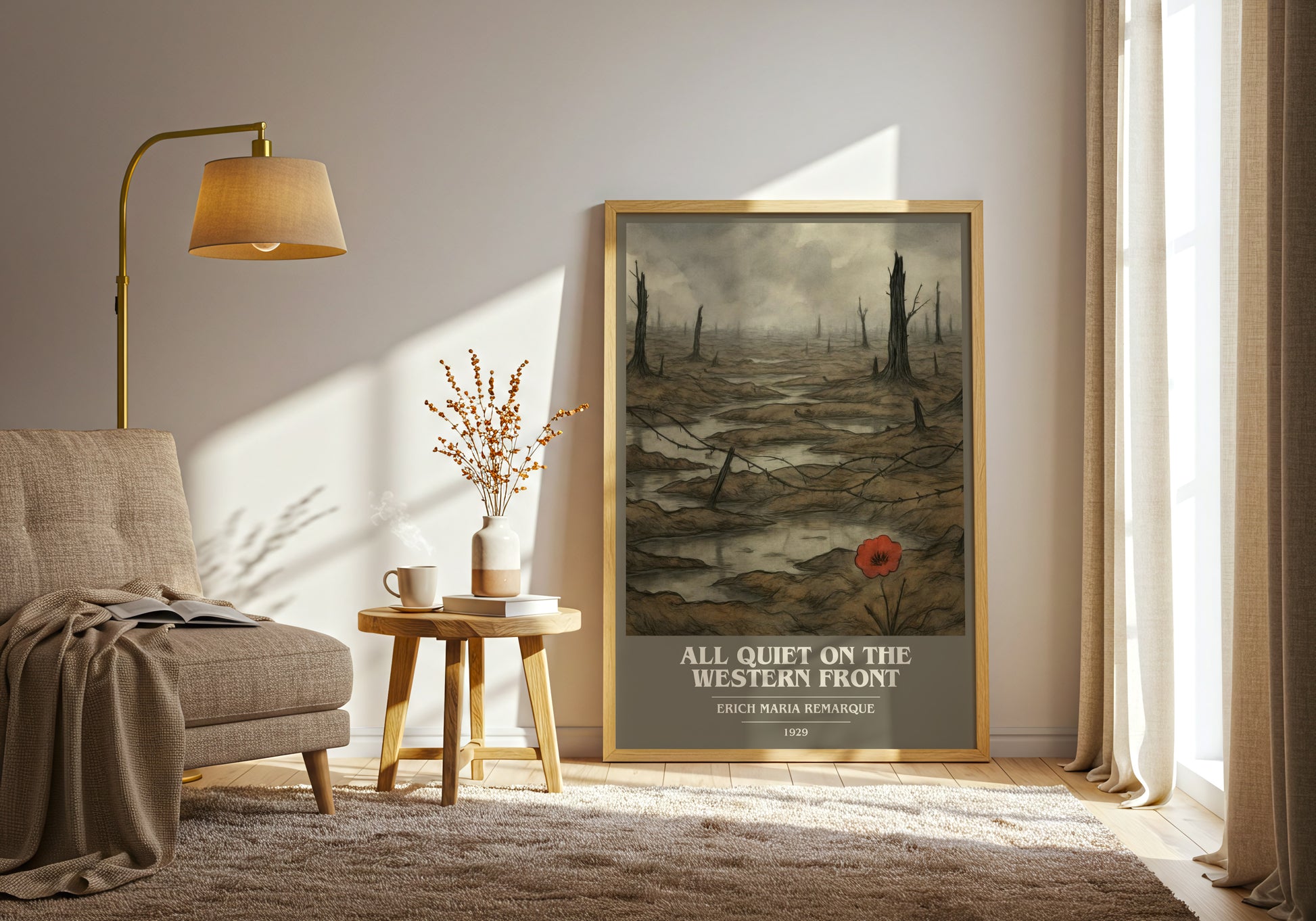 All Quiet On The Western Front book cover print on bookshelf – Erich Maria Remarque fan gift