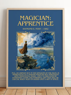 Magician: Apprentice Minimalist Book Poster by Raymond E. Feist – framed print leaning on a wooden floor
