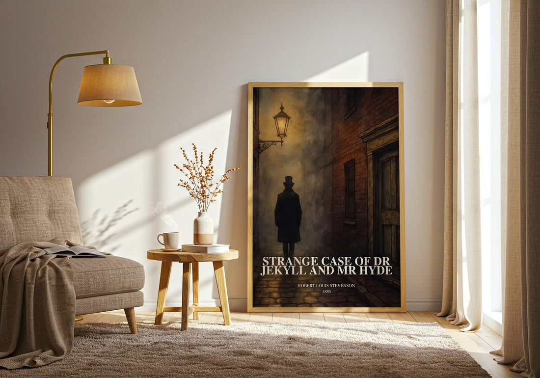 Strange Case Of Dr Jekyll And Mr Hyde watercolour print in frame leaning in hallway – gothic wall art (mockup)
