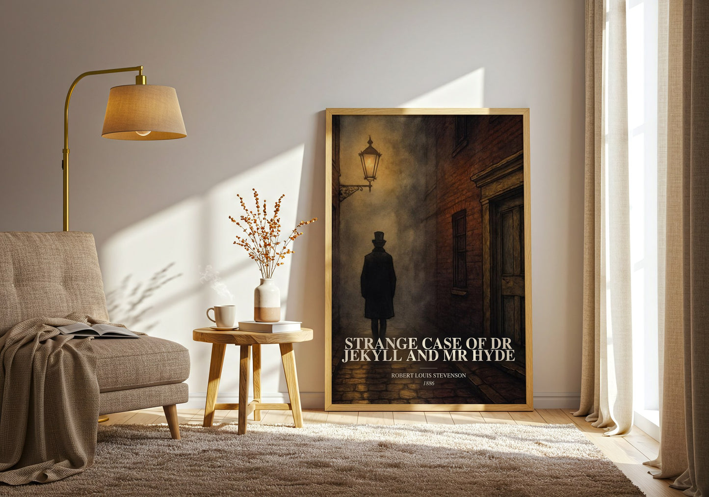 Strange Case Of Dr Jekyll And Mr Hyde watercolour print in frame leaning in hallway – gothic wall art