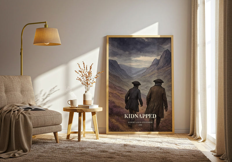 Kidnapped watercolour print in frame leaning in hallway – adventure wall art