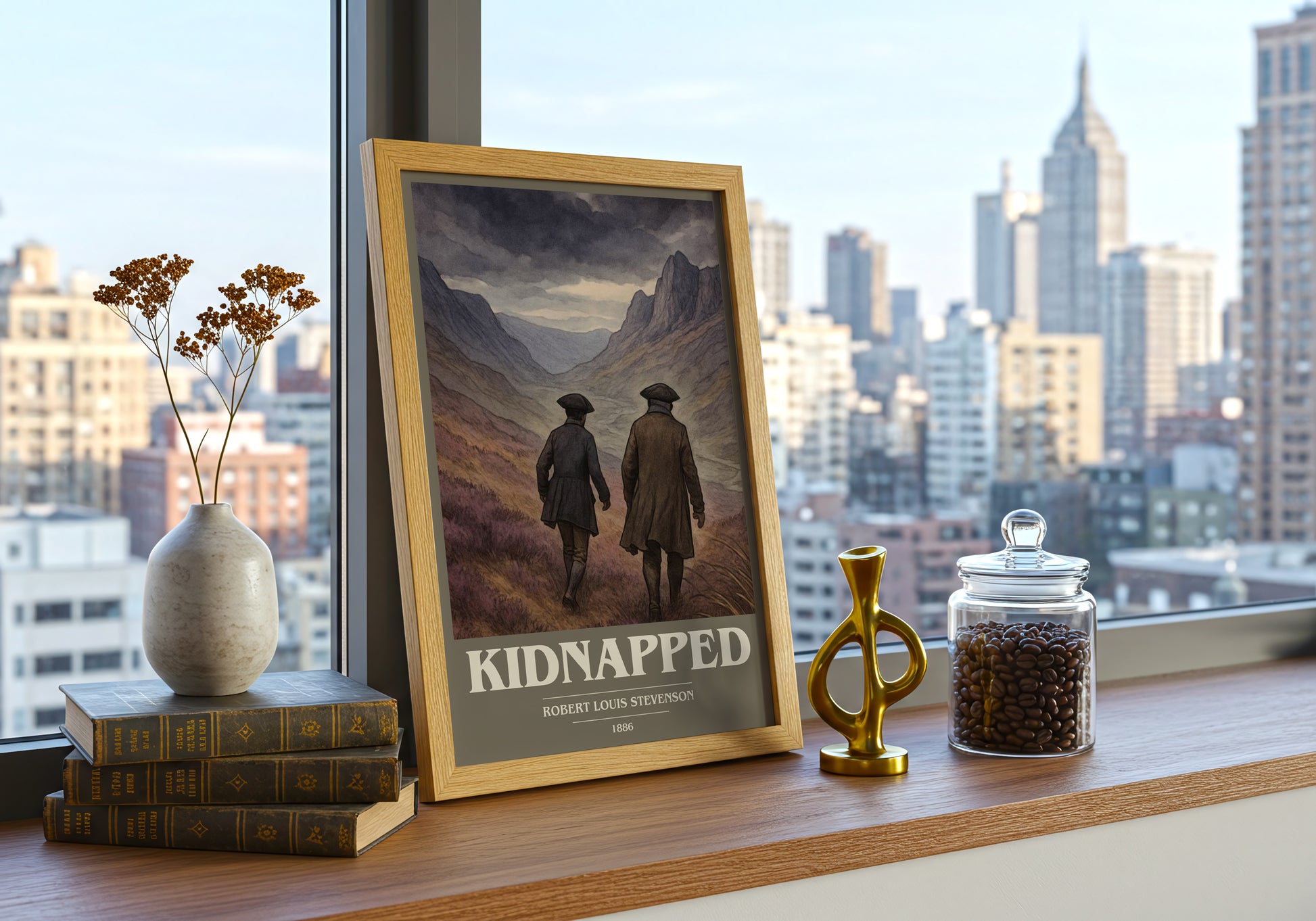 Kidnapped book cover print framed by window – literary home decor