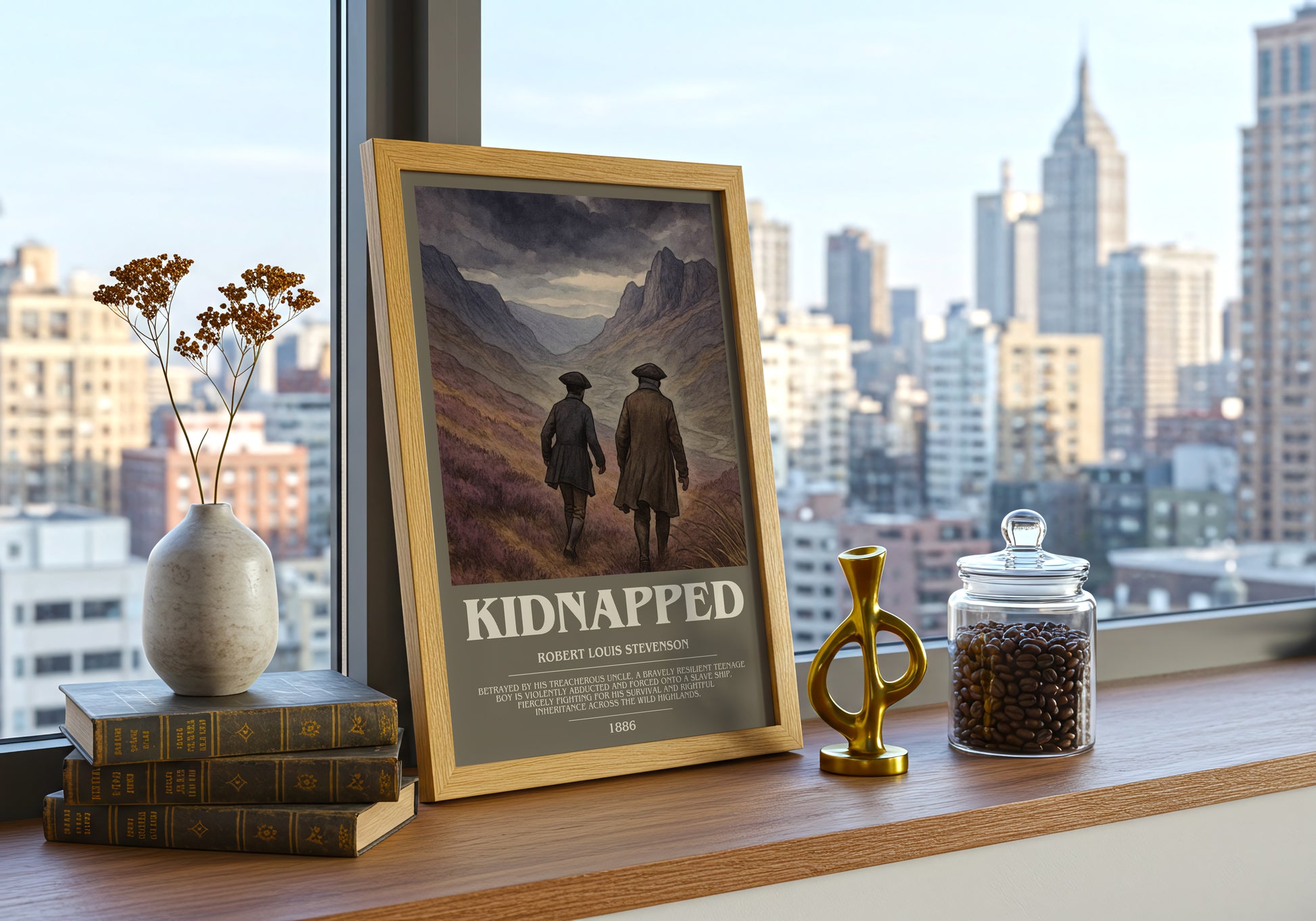 Kidnapped bookish print framed by window – literary home decor