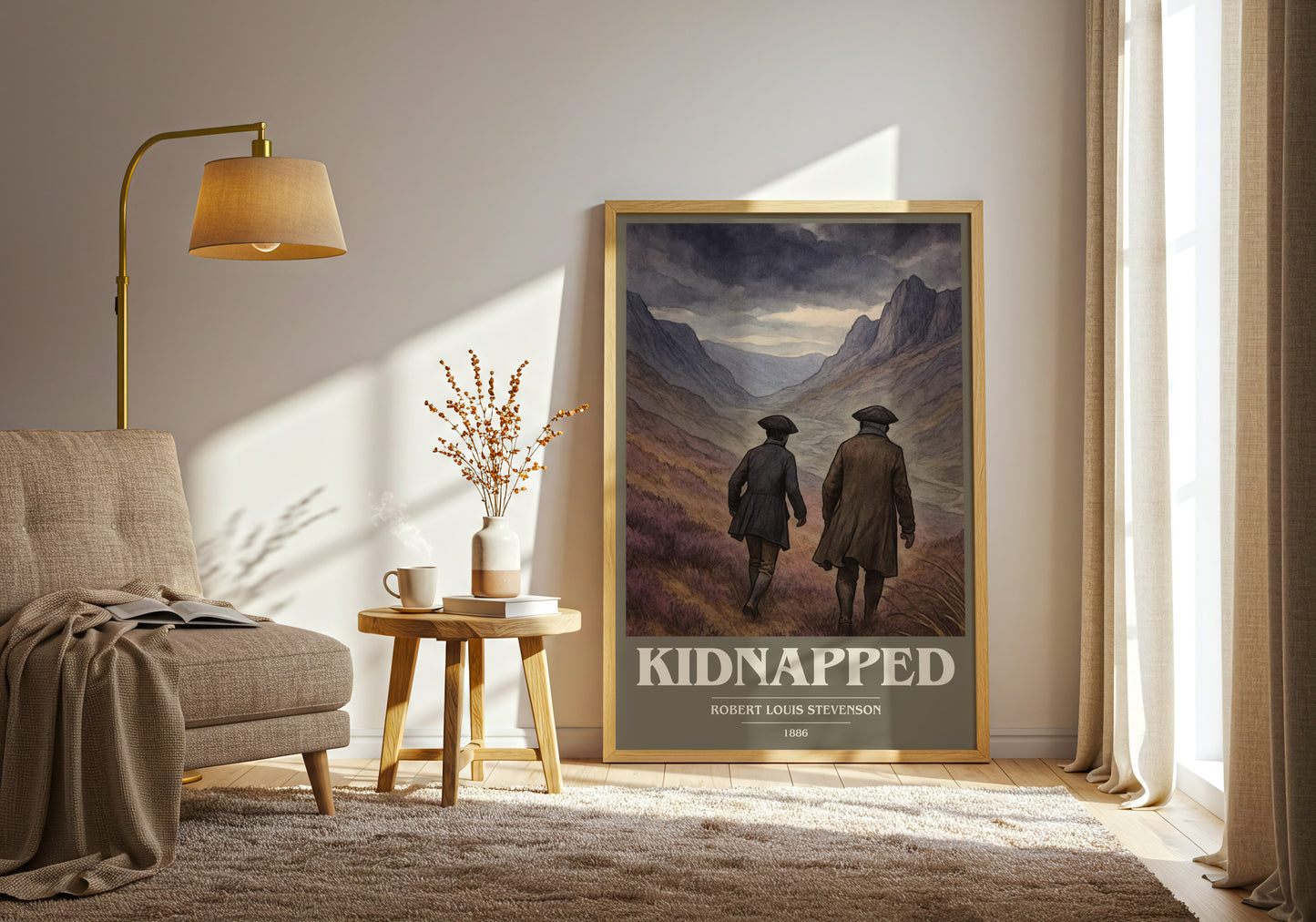 Kidnapped book cover print on bookshelf – Robert Louis Stevenson fan gift