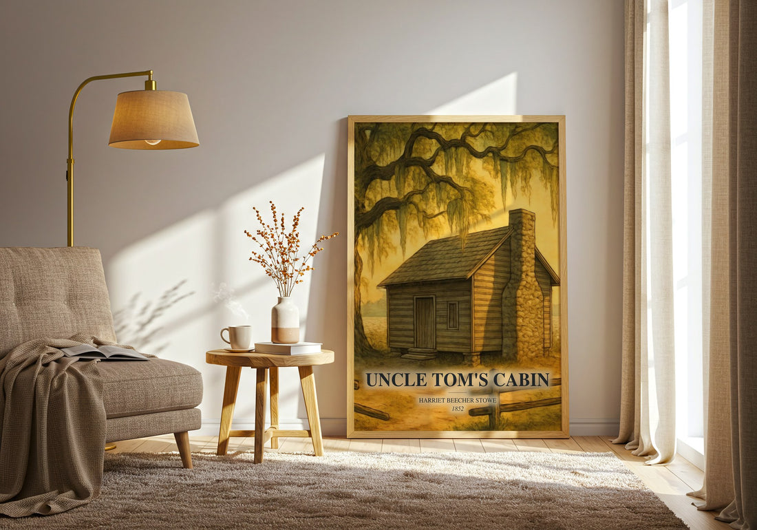 Uncle Tom'S Cabin watercolour print in frame leaning in hallway – historical fiction wall art (mockup)