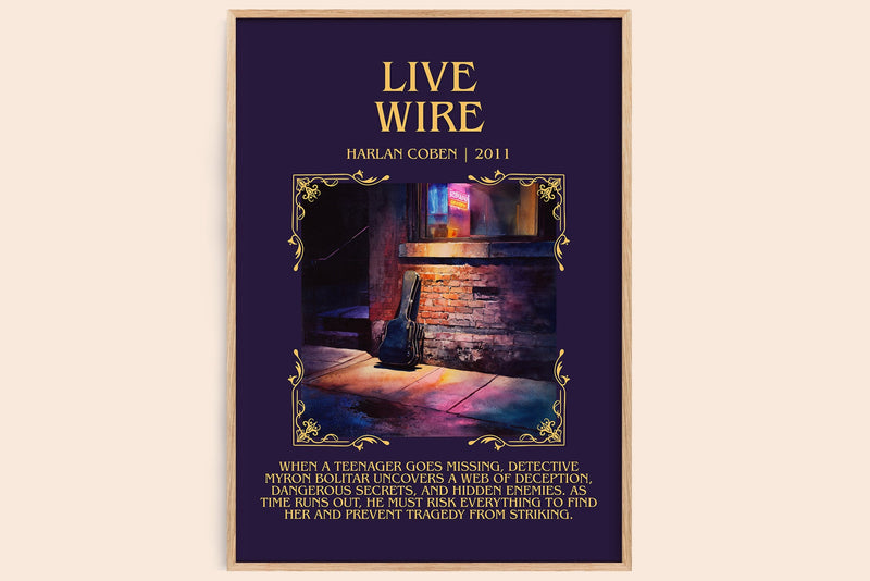 Live Wire minimalist book poster by Harlan Coben – framed literary art print