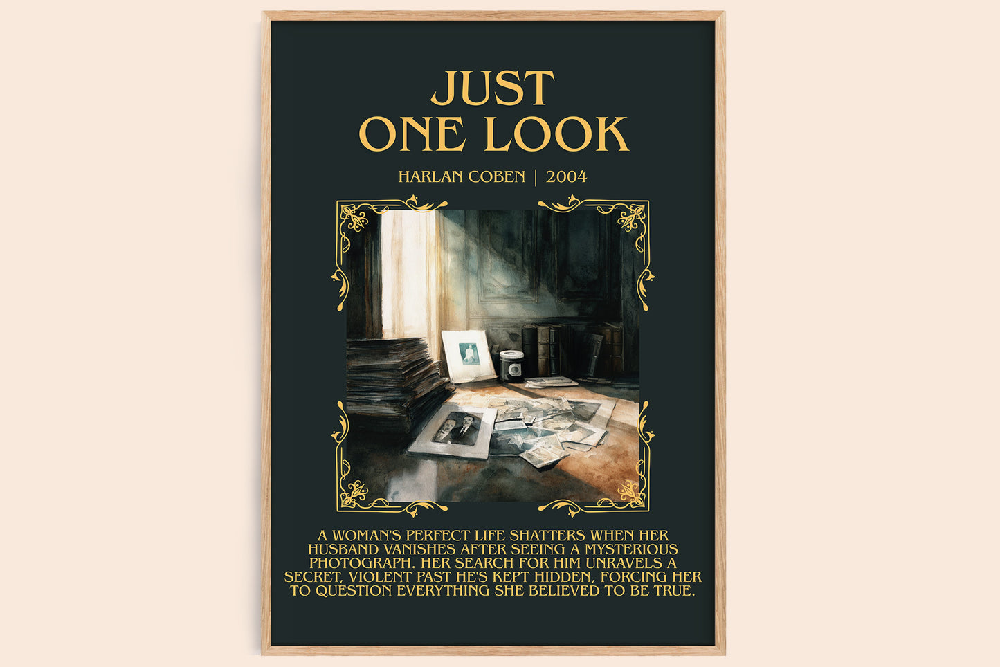 Just One Look minimalist book poster by Harlan Coben – framed literary art print
