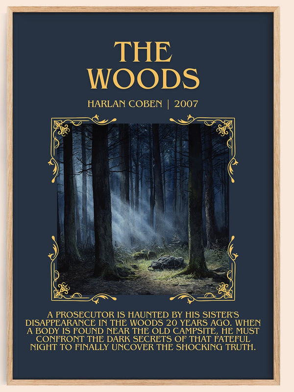The Woods minimalist book poster by Harlan Coben – framed literary art print