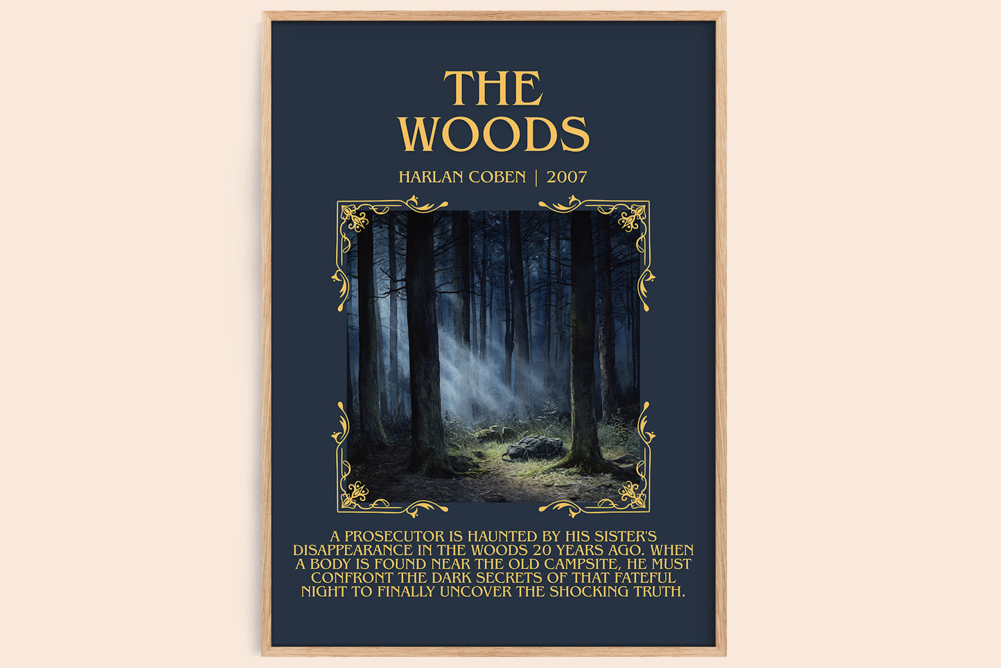 The Woods minimalist book poster by Harlan Coben – framed literary art print