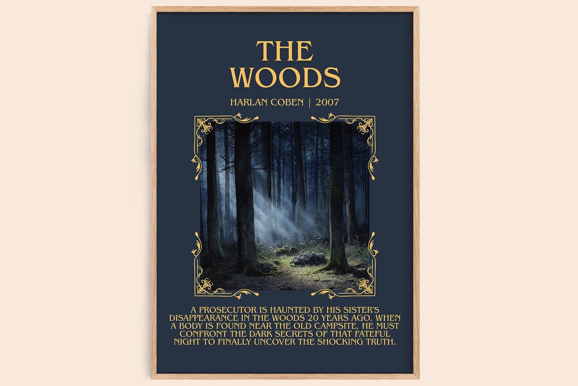 The Woods minimalist book poster by Harlan Coben – framed literary art print