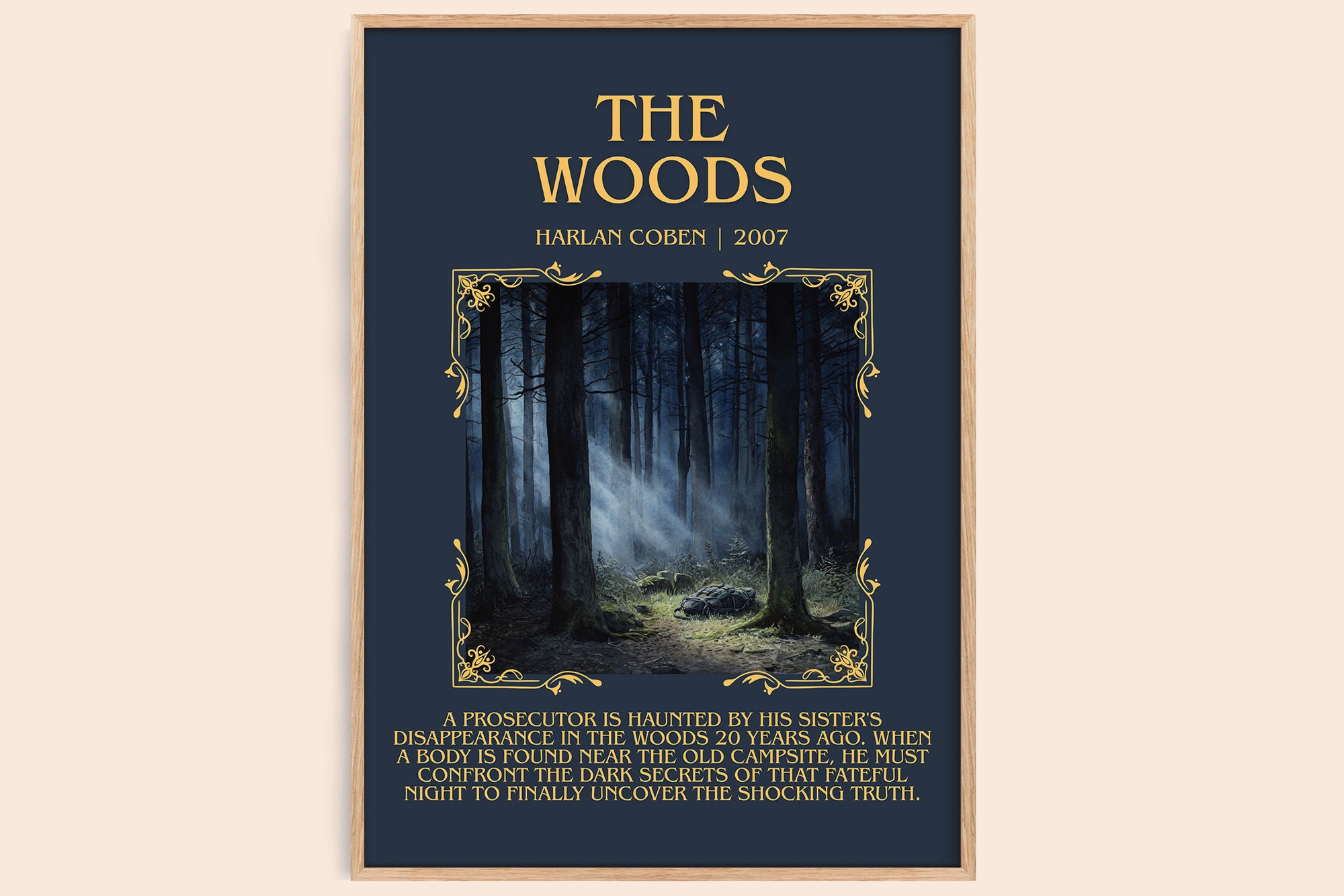 The Woods minimalist book poster by Harlan Coben – framed literary art print