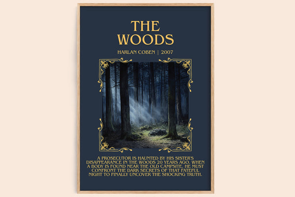 The Woods minimalist book poster by Harlan Coben – framed literary art print
