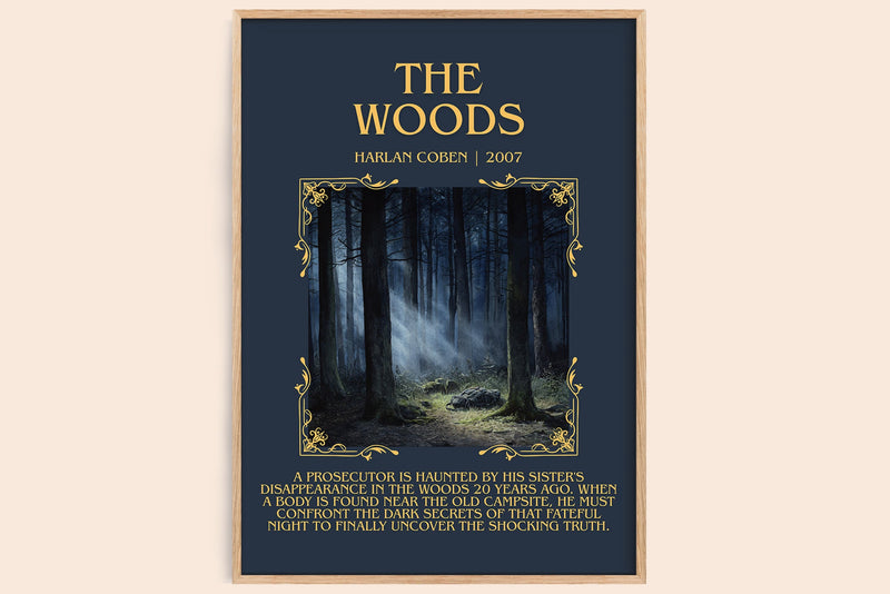 The Woods minimalist book poster by Harlan Coben – framed literary art print