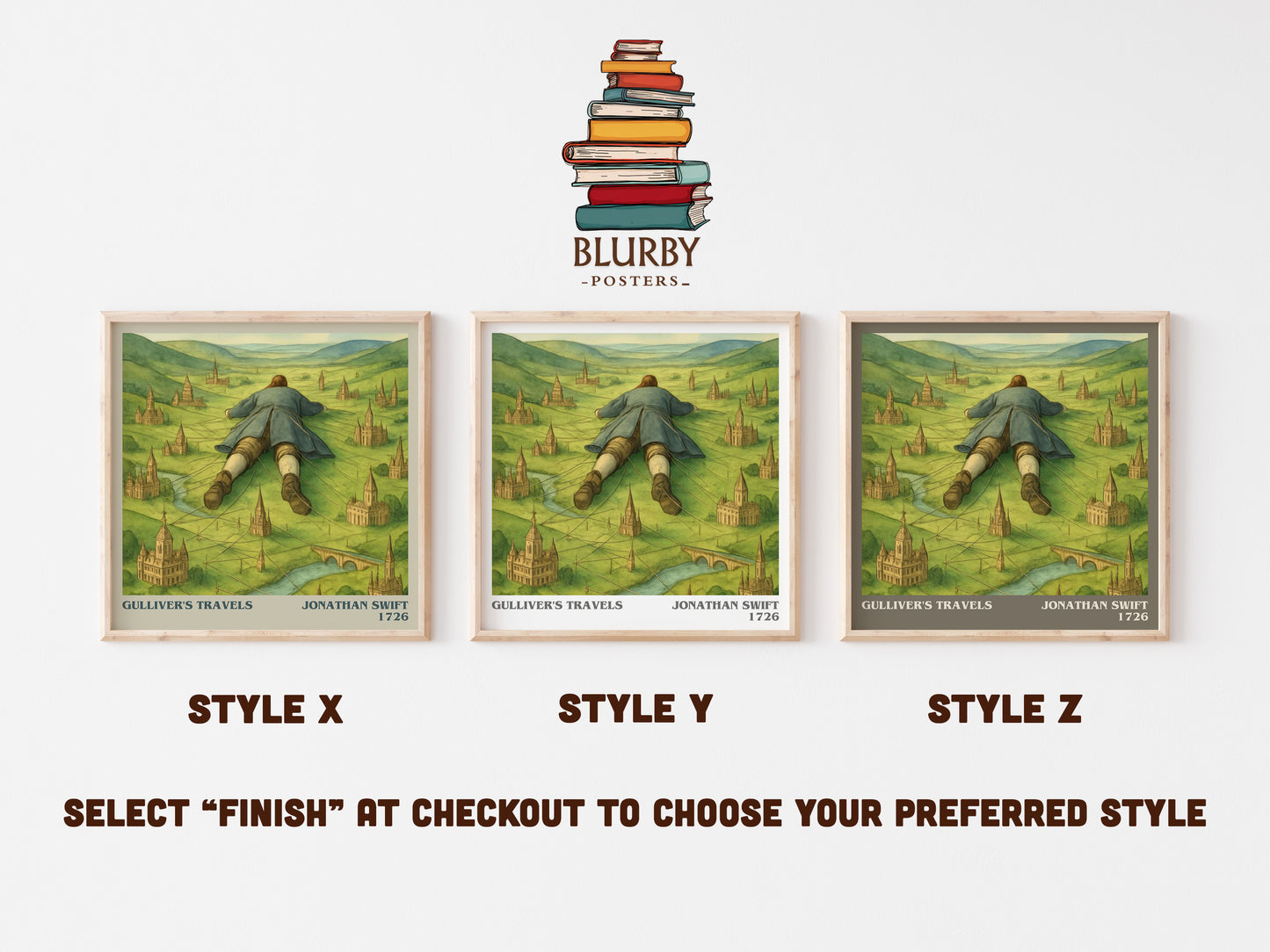 Gulliver's Travels literary print in frame leaning in hallway – classic literature wall art