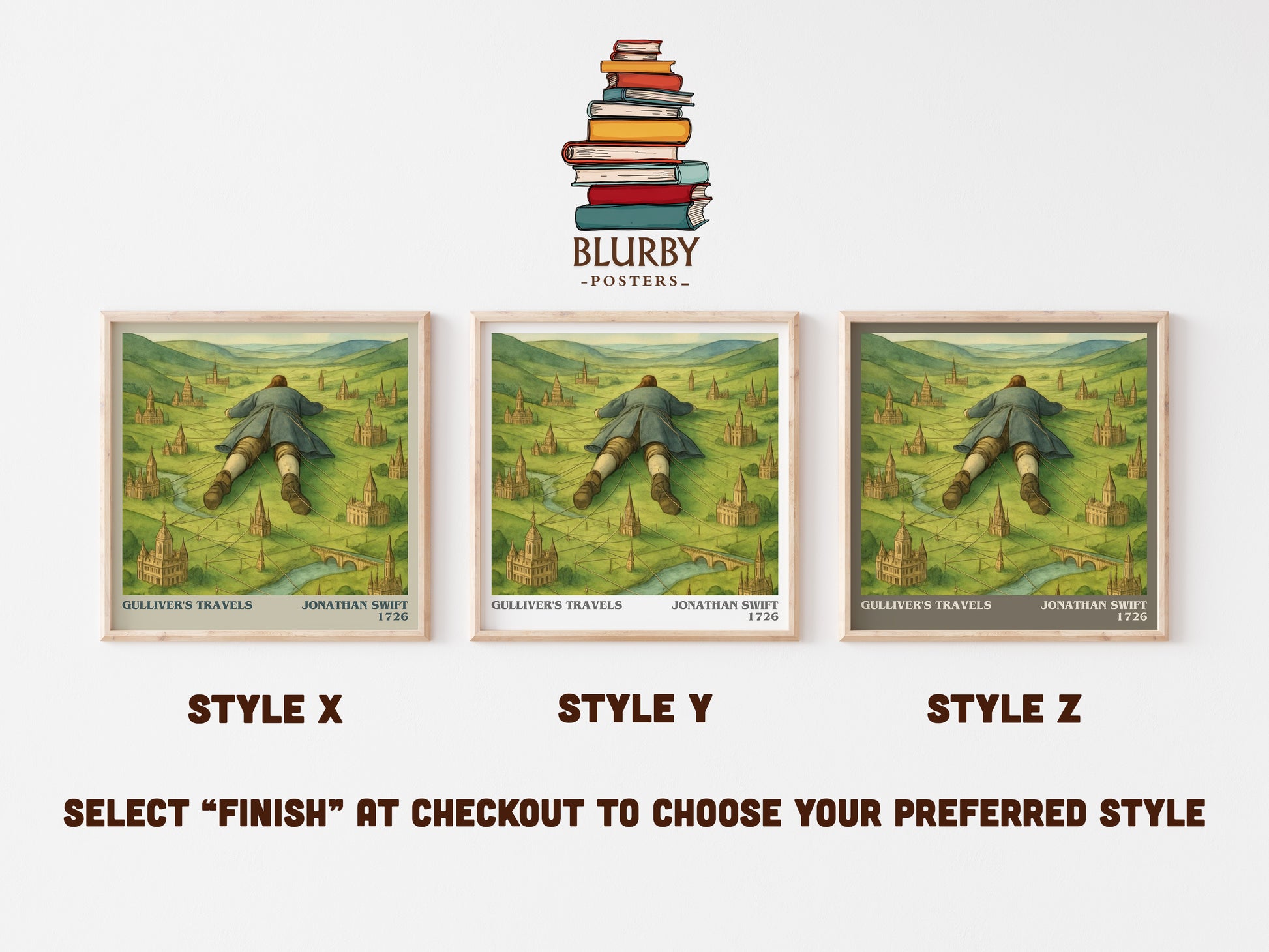 Gulliver's Travels literary print in frame leaning in hallway – classic literature wall art