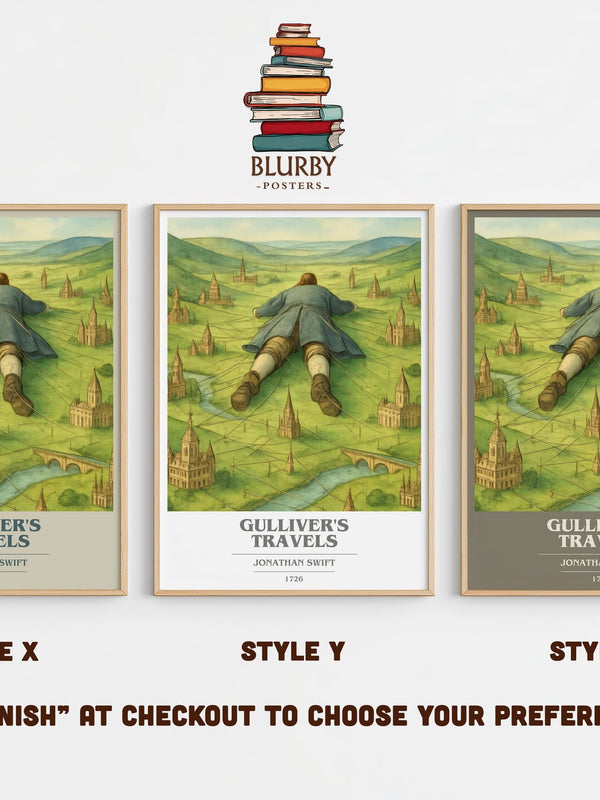 Gulliver's Travels book cover print in frame leaning in hallway – classic literature wall art