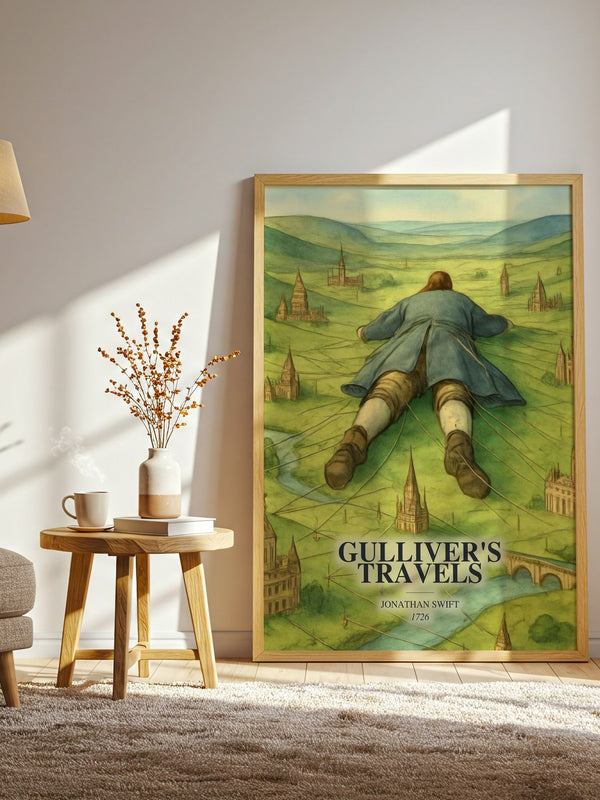 Gulliver'S Travels watercolour print in frame leaning in hallway – classic literature wall art
