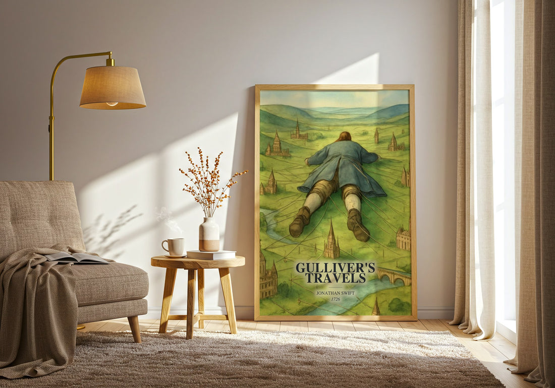Gulliver'S Travels watercolour print in frame leaning in hallway – classic literature wall art (mockup)