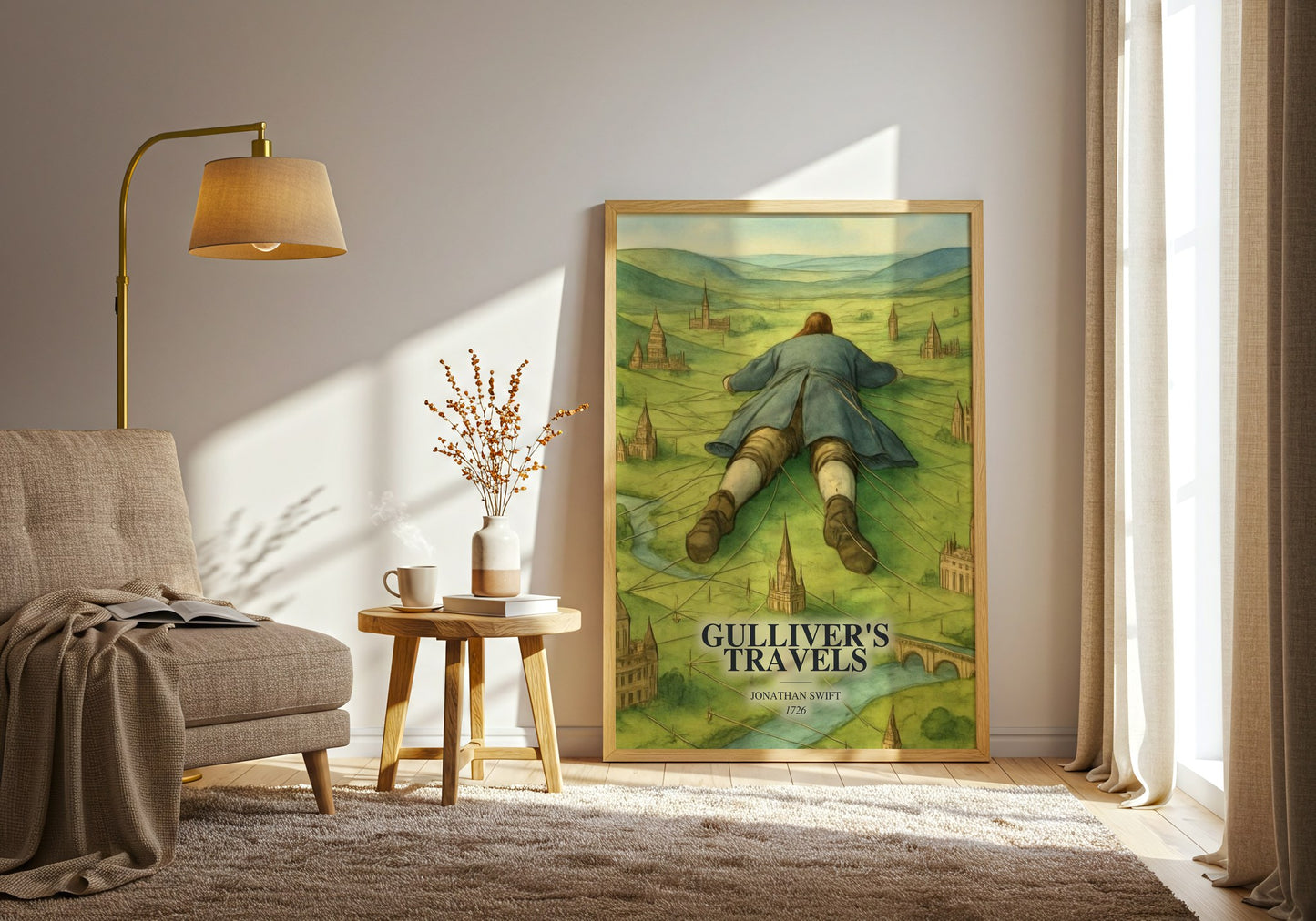 Gulliver'S Travels watercolour print in frame leaning in hallway – classic literature wall art