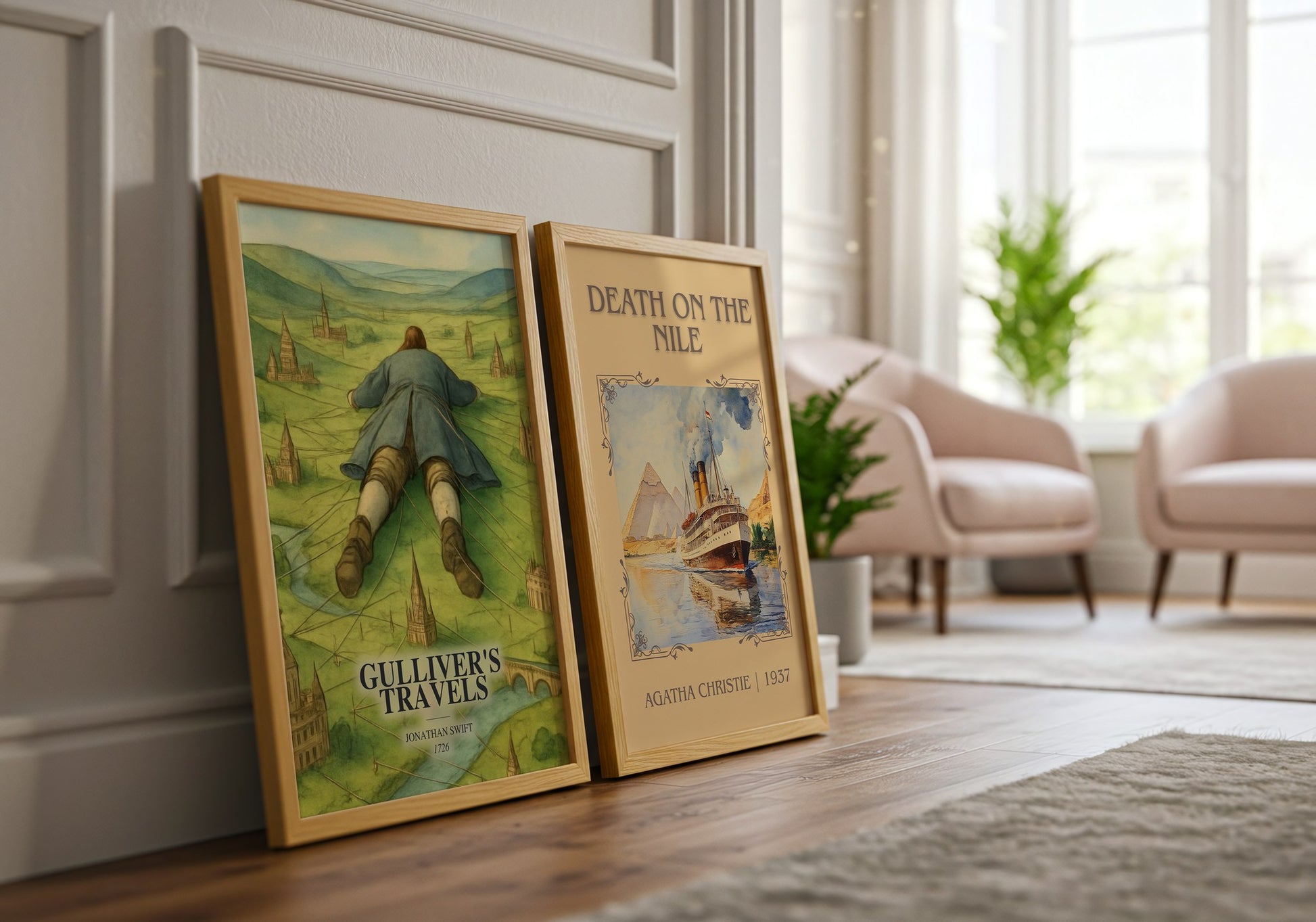 Gulliver'S Travels watercolour print framed by window – literary home decor