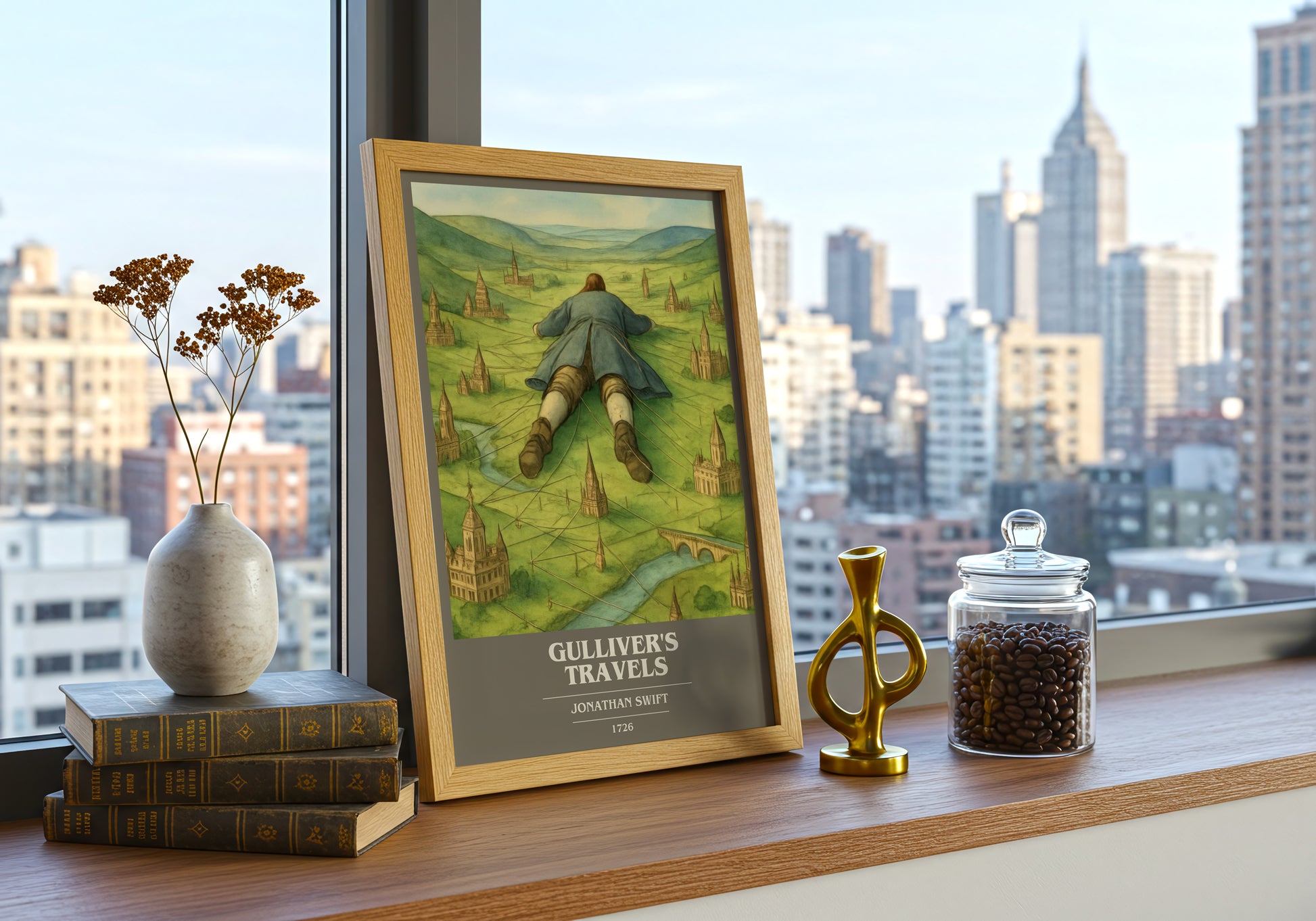 Gulliver's Travels book cover print framed by window – literary home decor