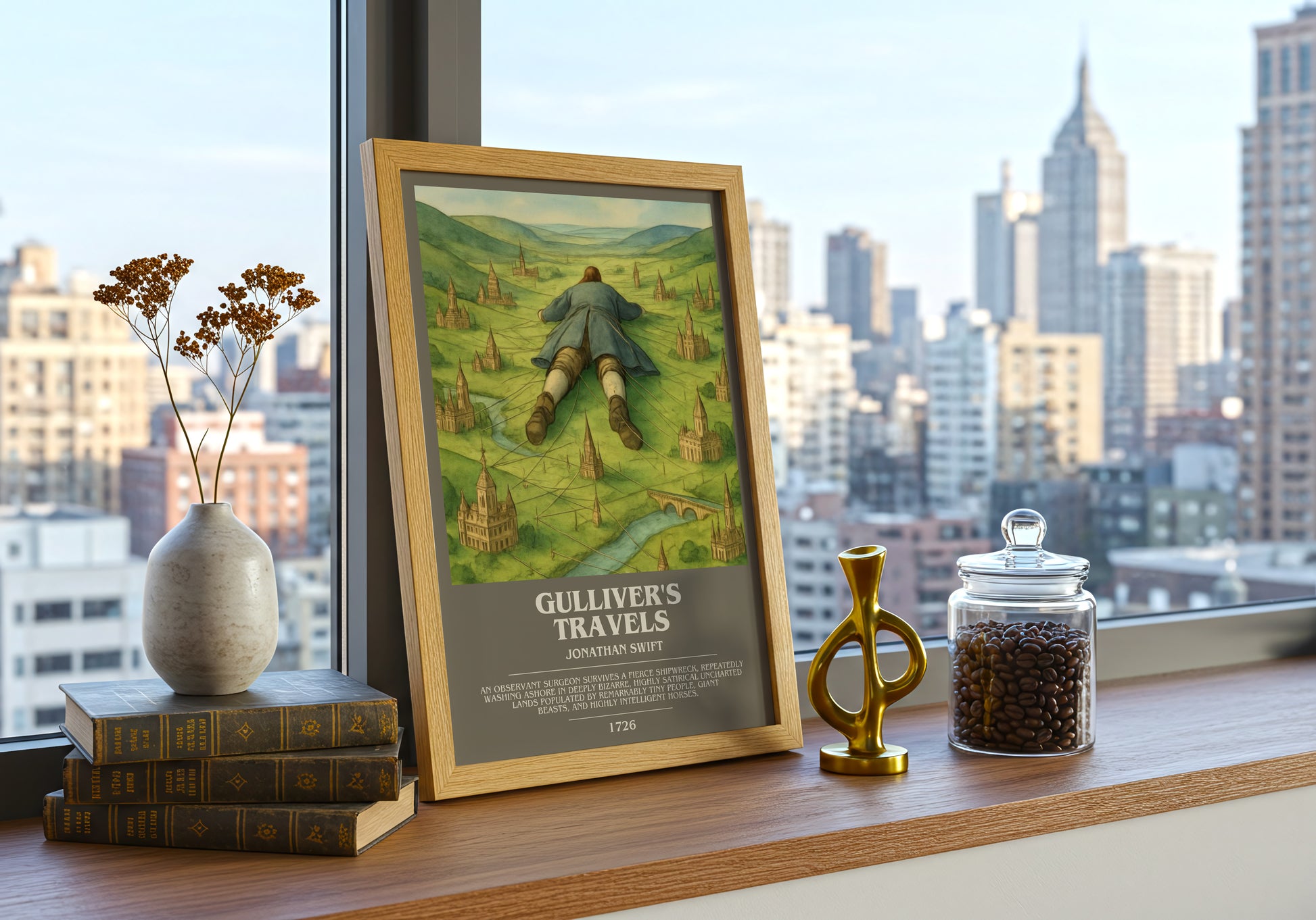 Gulliver's Travels bookish print framed by window – literary home decor