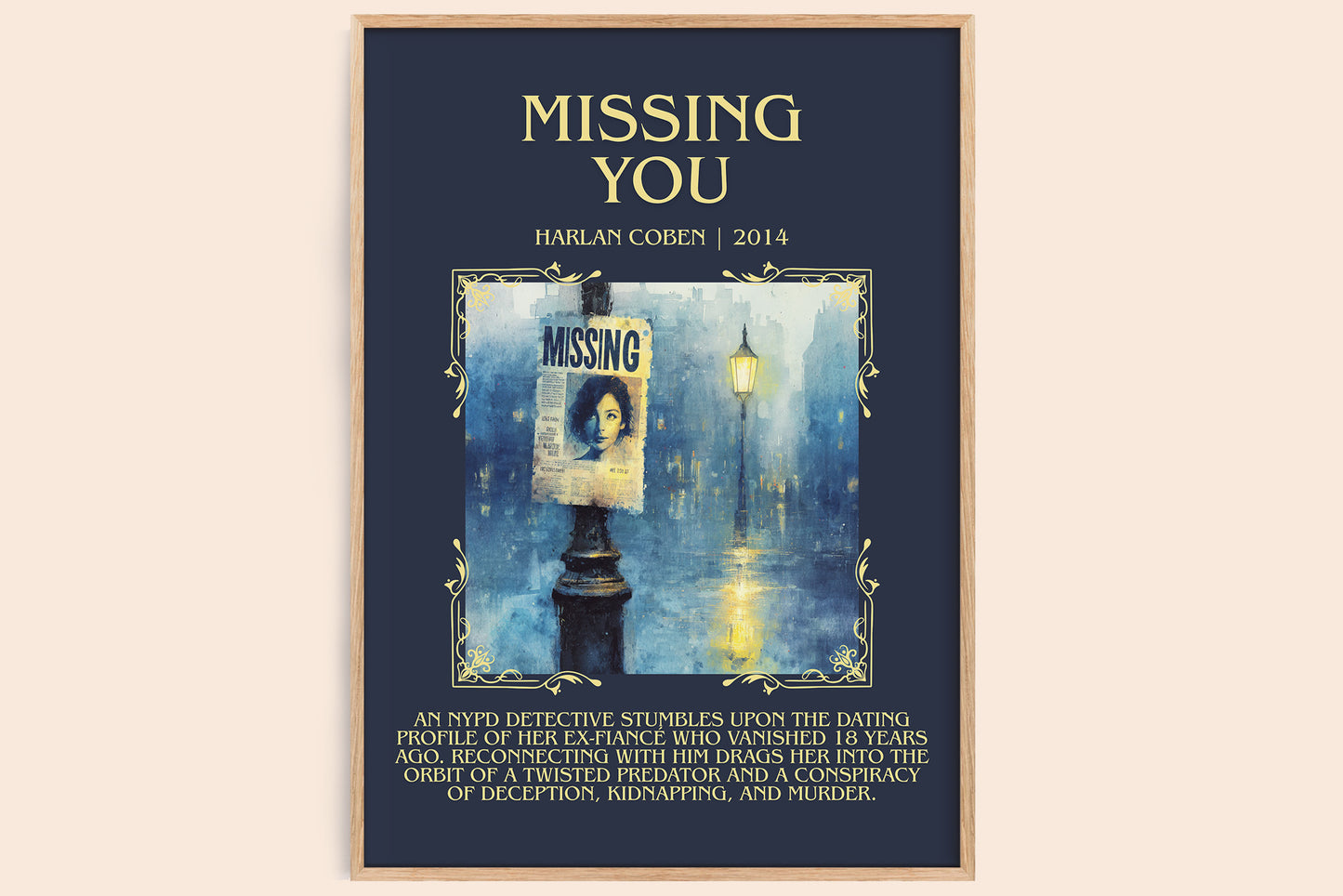 Missing You minimalist book poster by Harlan Coben – framed literary art print