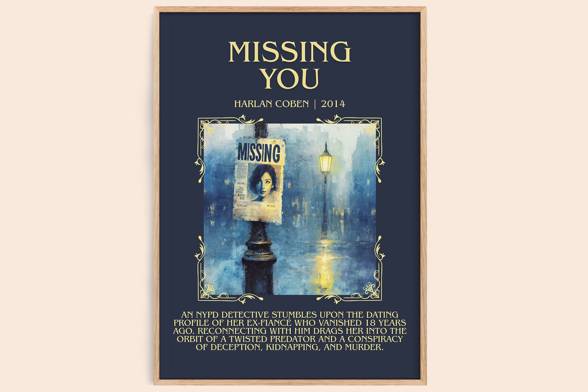 Missing You minimalist book poster by Harlan Coben – framed literary art print