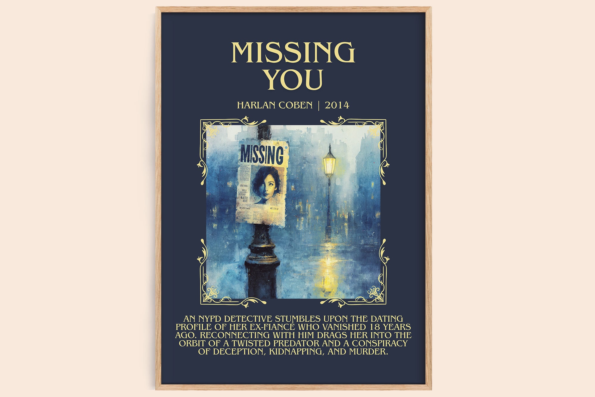 Missing You minimalist book poster by Harlan Coben – framed literary art print