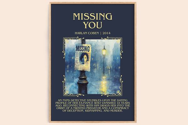 Missing You minimalist book poster by Harlan Coben – framed literary art print