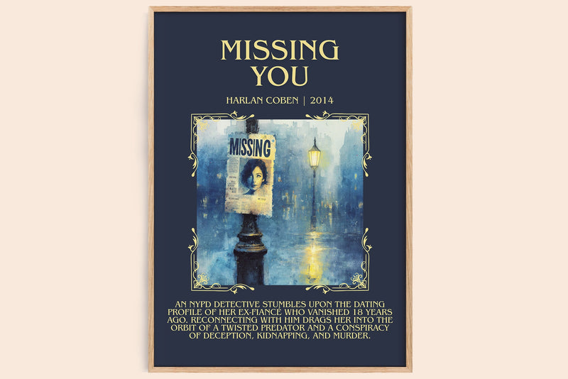 Missing You minimalist book poster by Harlan Coben – framed literary art print