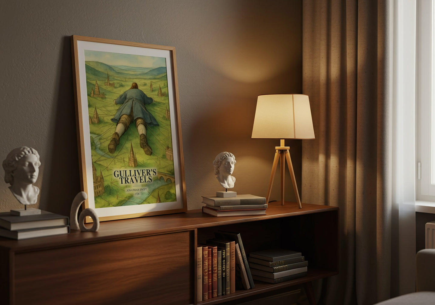 Gulliver'S Travels watercolour print on bookshelf – Jonathan Swift fan gift