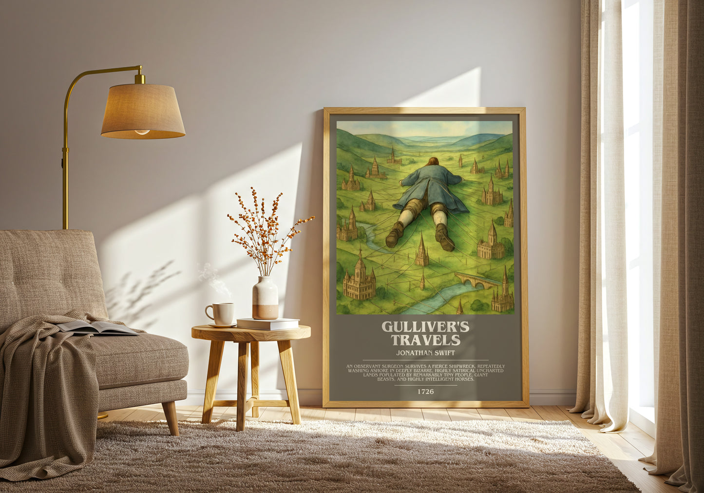 Gulliver's Travels bookish print on bookshelf – Jonathan Swift fan gift