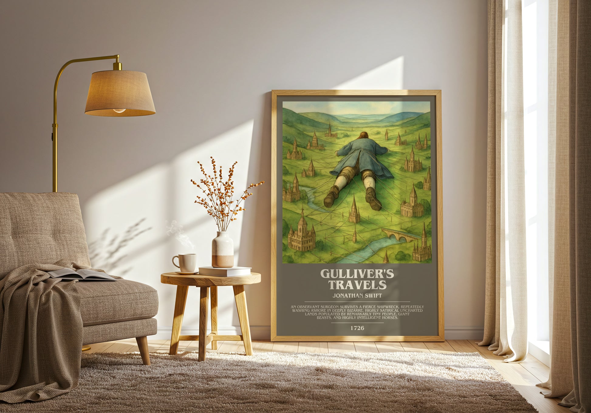 Gulliver's Travels bookish print on bookshelf – Jonathan Swift fan gift
