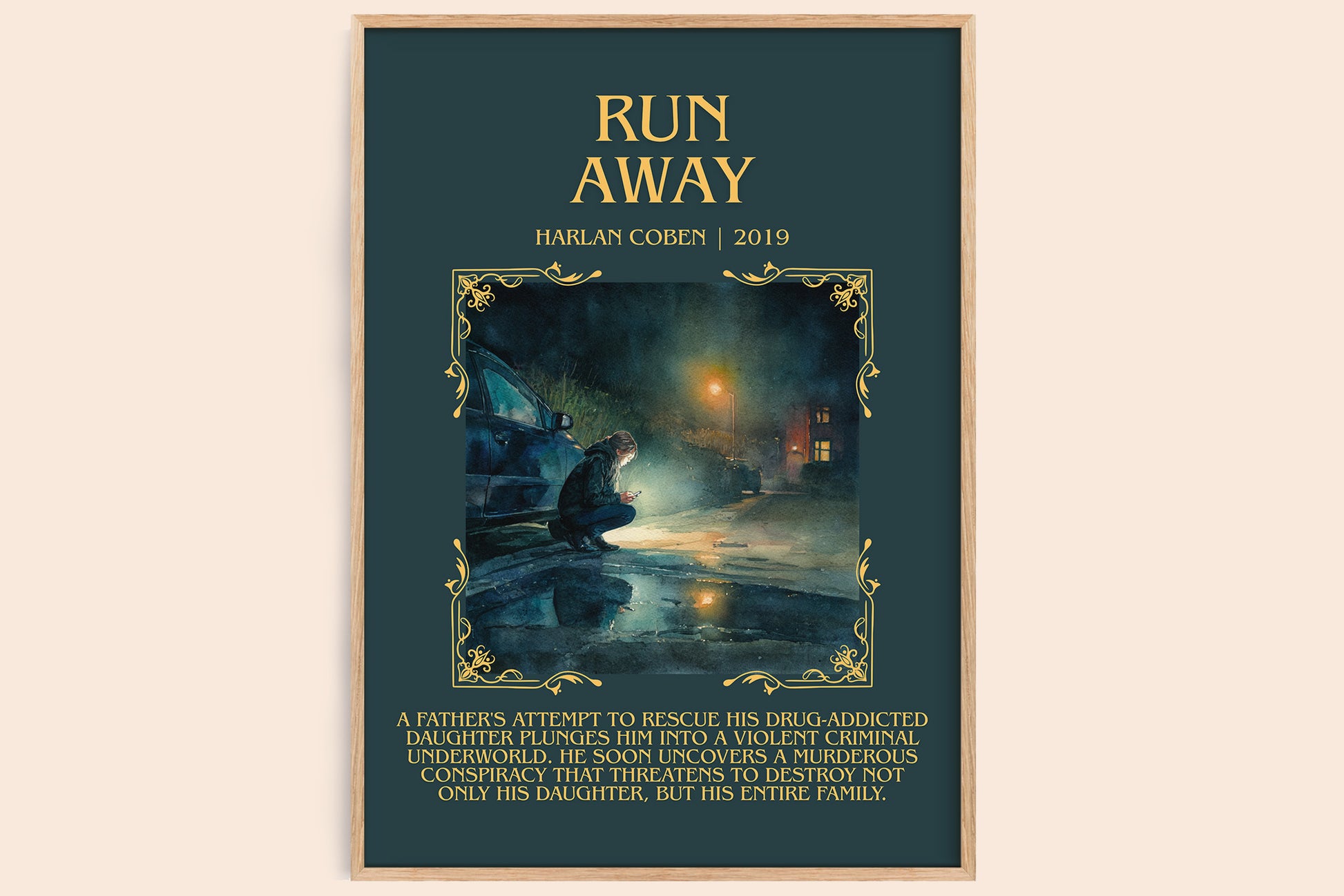 Run Away minimalist book poster by Harlan Coben – framed literary art print