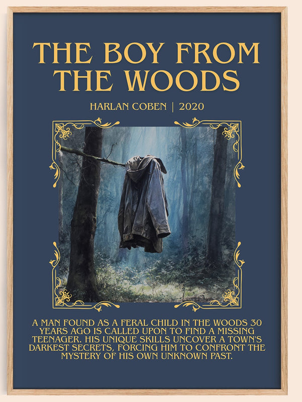 The Boy from the Woods minimalist book poster by Harlan Coben – framed literary art print