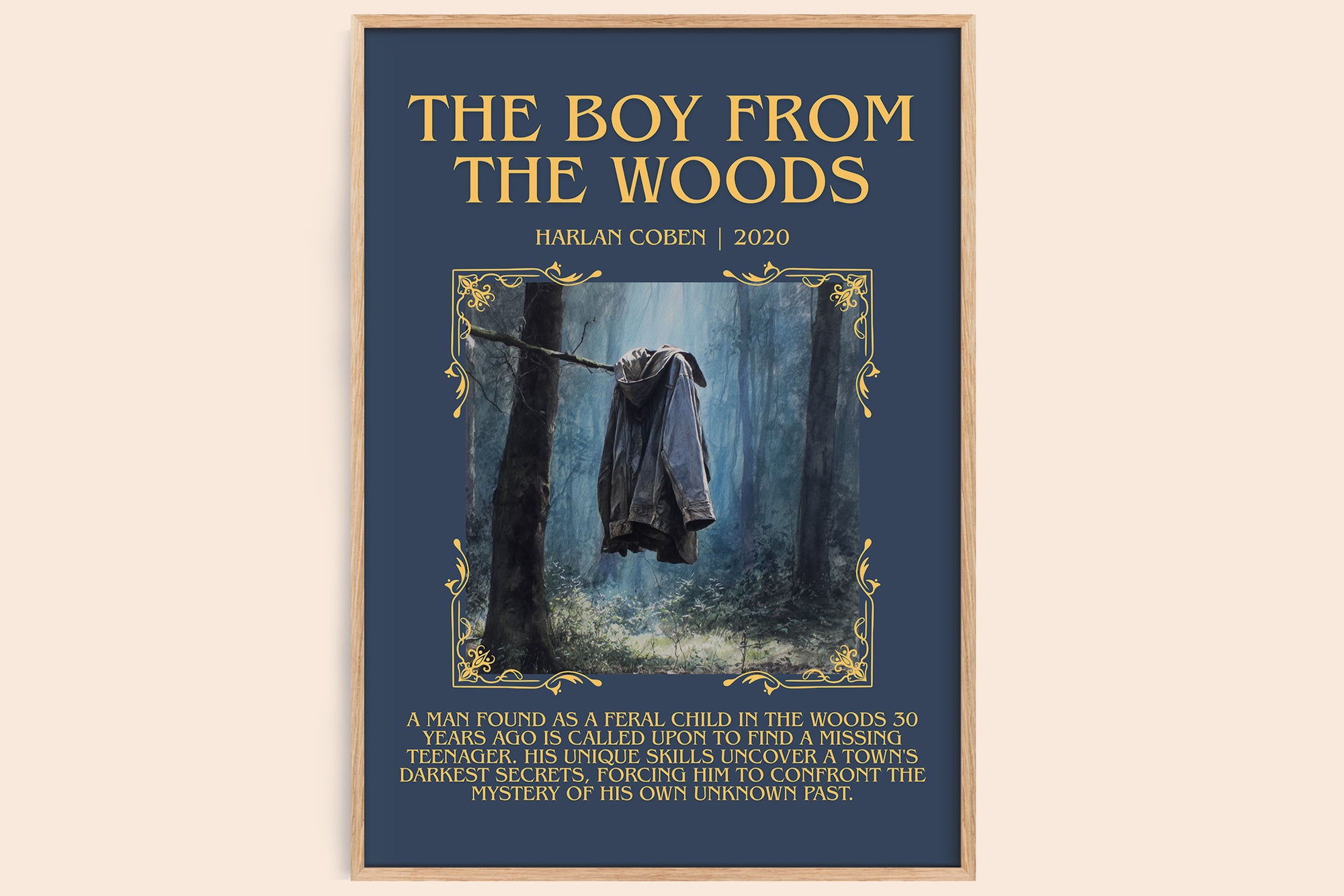 The Boy from the Woods minimalist book poster by Harlan Coben – framed literary art print