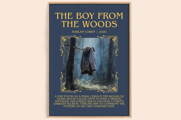 The Boy from the Woods minimalist book poster by Harlan Coben – framed literary art print