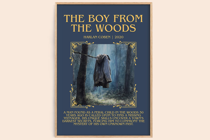 The Boy from the Woods minimalist book poster by Harlan Coben – framed literary art print